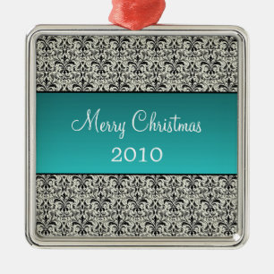 Holiday Damask Premium Square Ornament, Turquoise Metal Tree Decoration