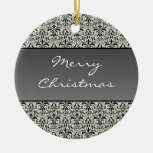Holiday Damask Round Christmas Ornament, Grey Ceramic Tree Decoration