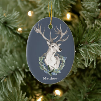 Holiday Deer with Winter Wreath Ceramic Tree Decoration