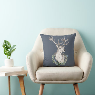 Holiday Deer with Winter Wreath Throw Pillow