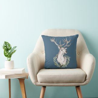 Holiday Deer with Winter Wreath Throw Pillow