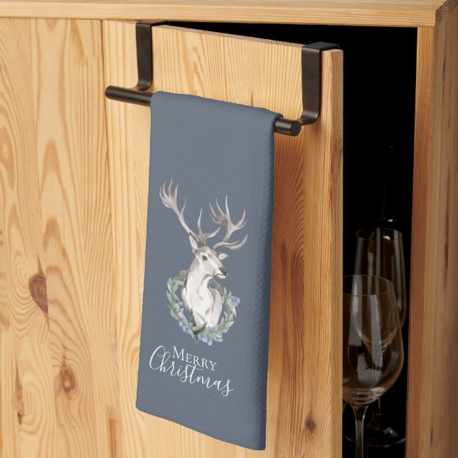 Holiday Deer with Winter Wreath Throw Tea Towel (Thirds Fold)