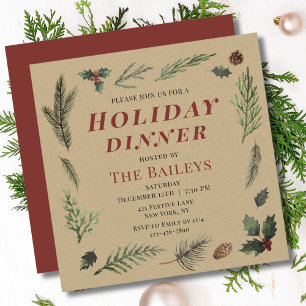 Holiday Dinner Christmas Rustic Winter Floral Invitation