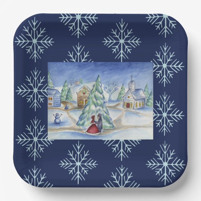 Holiday Dinner Christmas Village Paper Plates (Front)