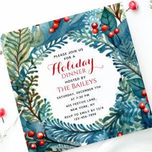 Holiday Dinner Elegant Christmas Floral Wreath Invitation