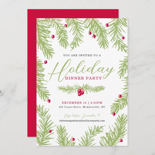 Holiday dinner party green fir red berry christmas invitation (Front/Back)