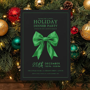 Holiday Dinner Party Green Satin Bow Black Invitation
