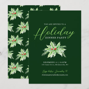 Holiday dinner party holly and pine watercolor invitation