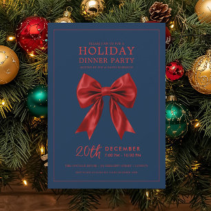 Holiday Dinner Party Red Satin Bow Navy Invitation