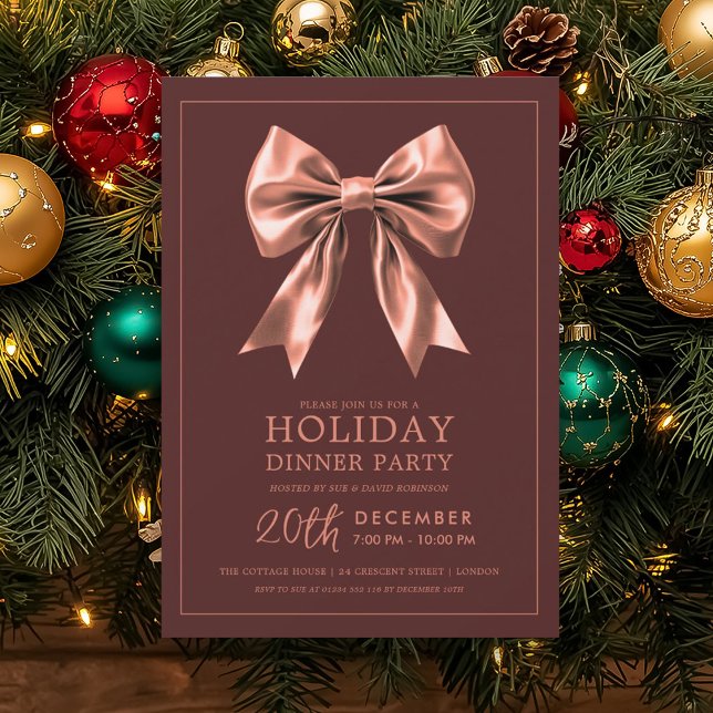 Holiday Dinner Party Rose Gold Satin Bow Burgundy  Invitation (Holiday Dinner Party Rose Gold Satin Bow Burgundy Invitation)