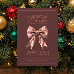 Holiday Dinner Party Rose Gold Satin Bow Burgundy  Invitation