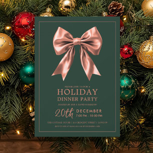 Holiday Dinner Party Rose Gold Satin Bow Green  Invitation