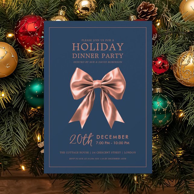 Holiday Dinner Party Rose Gold Satin Bow Navy Blue Invitation (Holiday Dinner Party Rose Gold Satin Bow Navy Blue Invitation)