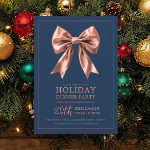 Holiday Dinner Party Rose Gold Satin Bow Navy  Invitation