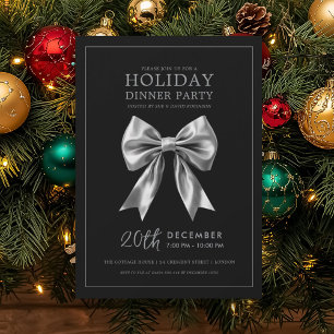 Holiday Dinner Party Silver Satin Bow Black Invitation