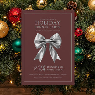 Holiday Dinner Party Silver Satin Bow Burgundy  Invitation