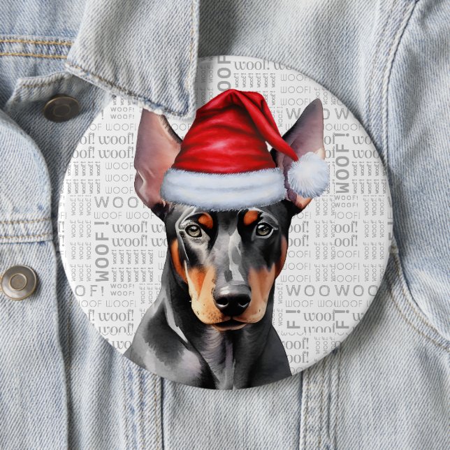 Holiday Doberman Santa Dog on Woof Background 6 Cm Round Badge (In Situ)
