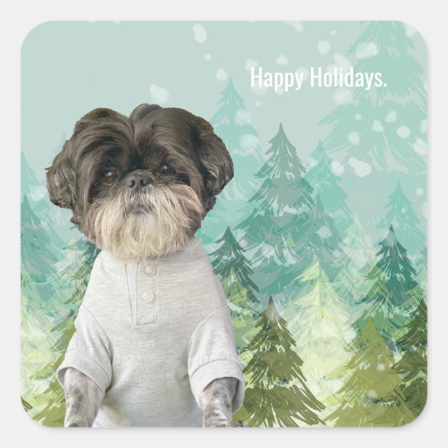 Holiday DOG ANIMAL SHIHTZU CUSTOM PHOTO TYPOGRAPHY Square Sticker (Front)