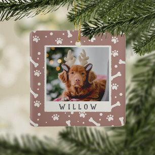 Holiday Dog Bone & Pawprint Personalised Pet Photo Ceramic Ornament