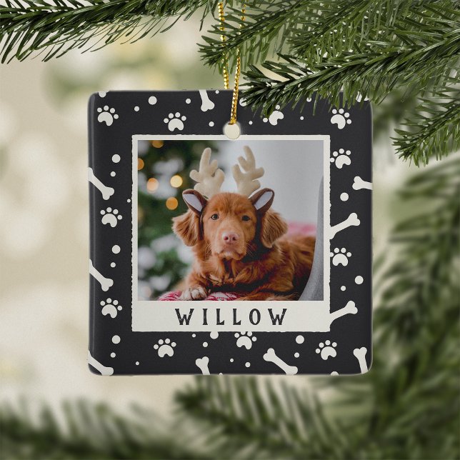 Holiday Dog Bone & Pawprint Personalised Pet Photo Ceramic Ornament (Creator Uploaded)