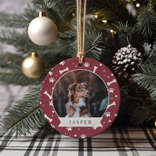 Holiday Dog Bone & Pawprint Personalised Pet Photo Ceramic Tree Decoration
