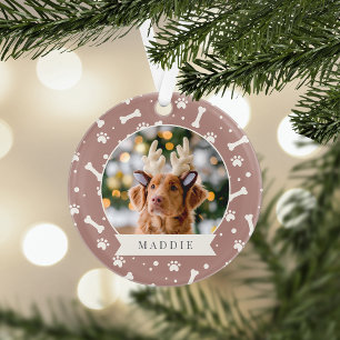 Holiday Dog Bone & Pawprint Personalised Pet Photo Ornament