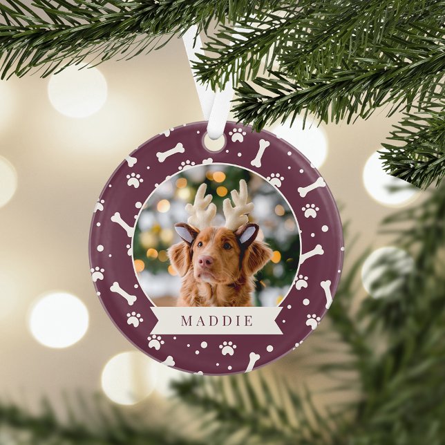 Holiday Dog Bone & Pawprint Personalised Pet Photo Ornament (Creator Uploaded)