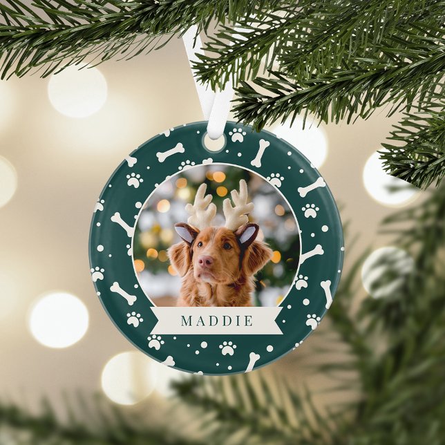 Holiday Dog Bone & Pawprint Personalised Pet Photo Ornament (Creator Uploaded)