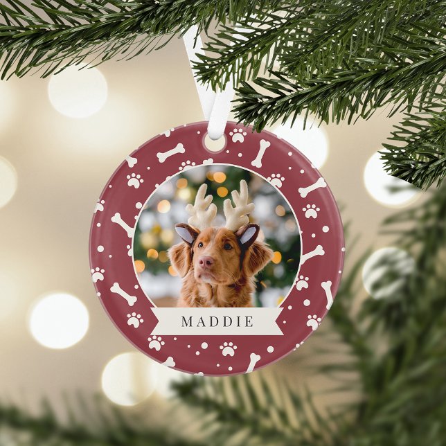 Holiday Dog Bone & Pawprint Personalised Pet Photo Ornament (Creator Uploaded)