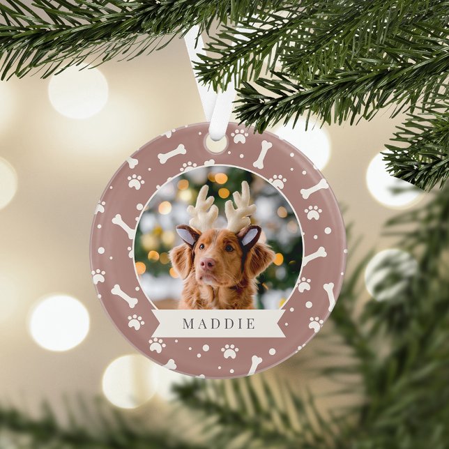 Holiday Dog Bone & Pawprint Personalised Pet Photo Ornament (Creator Uploaded)