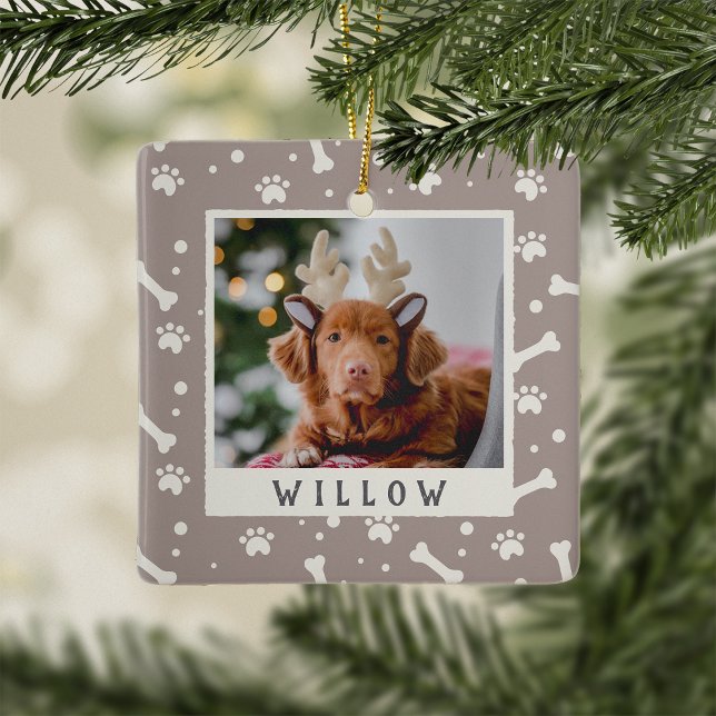 Holiday Dog Bone & Pawprint Personalized Pet Photo Ceramic Ornament (Creator Uploaded)
