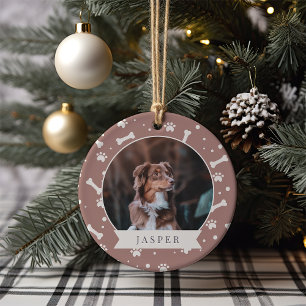 Holiday Dog Bone & Pawprint Personalized Pet Photo Ceramic Tree Decoration
