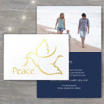 Holiday Dove Elegant Peace Navy Blue Modern Photo Foil Card<br><div class="desc">Wish family and friends a simple gift of peace for the holidays with this elegant gold real foil folded card. All text on this template (including "Peace" on front) is simple to customise to include any wording, making it suitable for Christmas, New Years, Hanukkah and Rosh Hashanah. Design features a...</div>