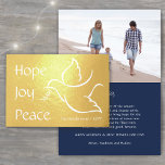 Holiday Dove Modern Hope Joy Peace Navy Blue Photo Foil Card<br><div class="desc">Wish family and friends a simple gift of peace for the holidays with an elegant dove one photo folded greeting card. All wording on this template (including "Hope Joy Peace" on front) is simple to customise, making it suitable for Christmas, New Years, Hanukkah and Rosh Hashanah. The navy blue, white...</div>