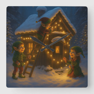 Holiday Elf Scene – Happy Holidays! Square Wall Clock