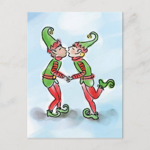 Holiday Elves Kissing Postcard