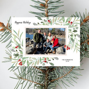 Holiday Family Photo Collage Botanical Watercolor Card