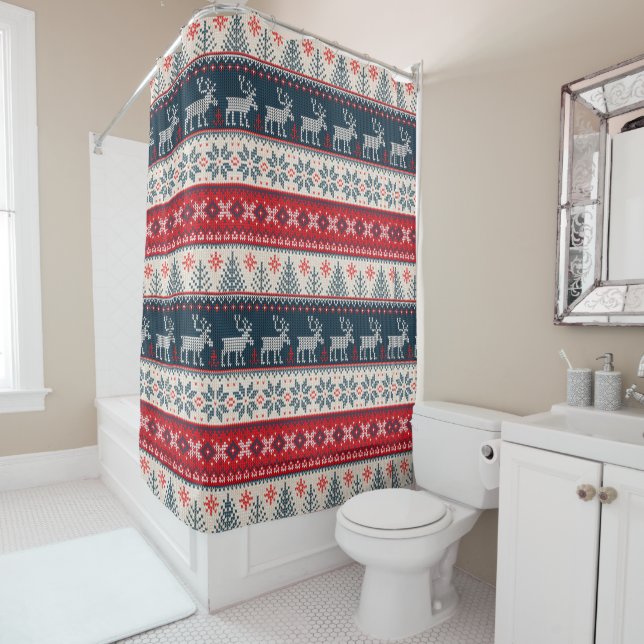 Holiday Faux Knit Pattern Christmas Nordic Theme Shower Curtain (In Situ)