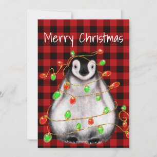 Holiday Festive Penguin, twinkle red green lights Card