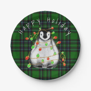 Holiday Festive Penguin, twinkle red green lights Paper Plate