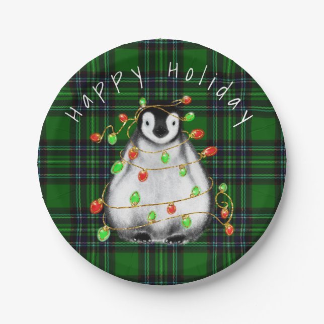 Holiday Festive Penguin, twinkle red green lights Paper Plate (Front)