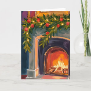 Holiday Fireplace Christmas Garland Painted Card