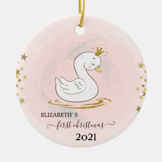 Holiday First Christmas Baby Swan Ceramic Tree Decoration (Front)
