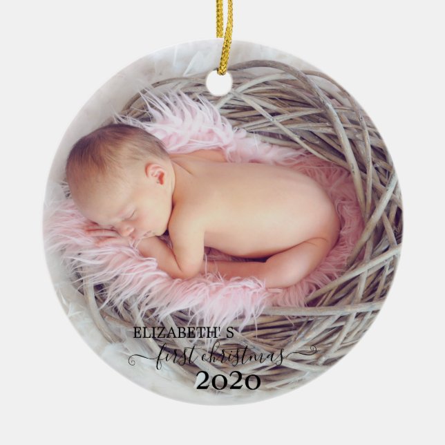 Holiday First Christmas Photo Ceramic Tree Decoration (Front)