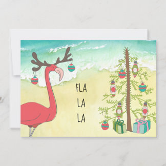 Holiday Flamingo Beach Scene Christmas Card