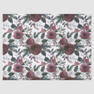 Holiday Floral Burgundy Roses Green Pine and Holly Tissue Paper