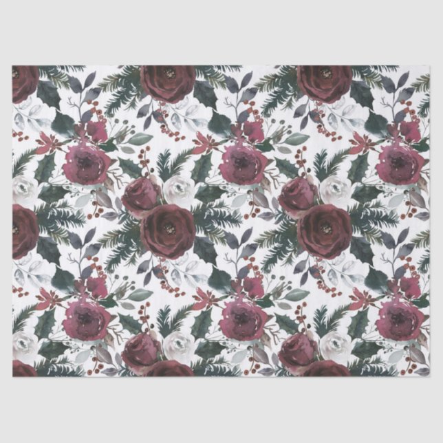 Holiday Floral Burgundy Roses Green Pine and Holly Tissue Paper (Front)
