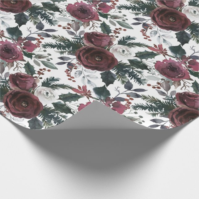 Holiday Floral Burgundy Roses Green Pine and Holly Wrapping Paper (Corner)