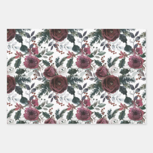 Holiday Floral Burgundy Roses Green Pine and Holly Wrapping Paper Sheet