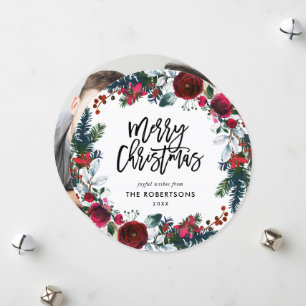 Holiday Floral Christmas Wreath Circle Photo Card
